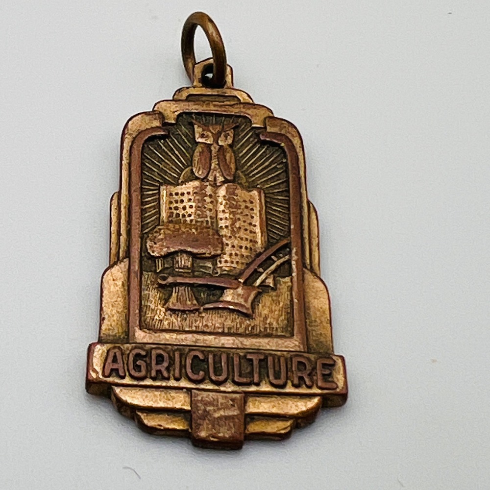 Vintage Balfour Agriculture Medal Pendant Art Deco Owl Book Plow Bronze Tone
